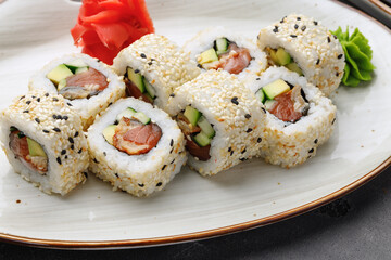 Japanese sushi roll on plate close up