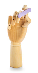 Wooden hand with chalk on white background