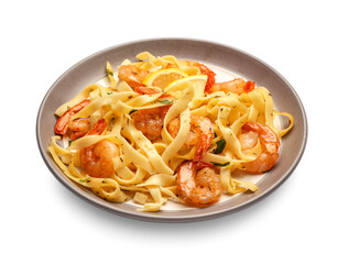 Plate of tasty pasta with shrimps on white background