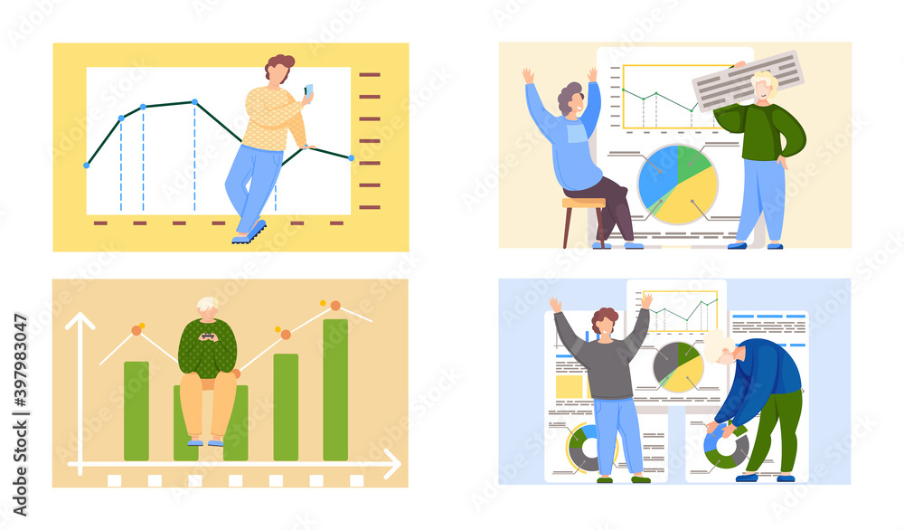 Poster people near report with graphs and charts, video game player scenes set. presentation of business de