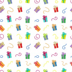 Gifts with colorful ribbons on a white background.