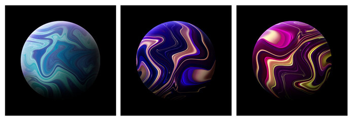 background collection 3d illustration of cosmos planets with liquid digital art texture in dark space with beautiful colors of universe