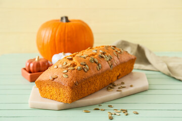 Tasty pumpkin pie on table