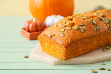 Tasty pumpkin pie on table