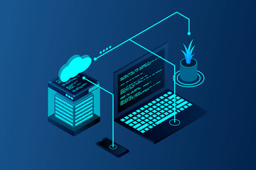 Concept of cloud storage, data transfer with laptop and smartphone. Server room, big data center isometric, vector illustration