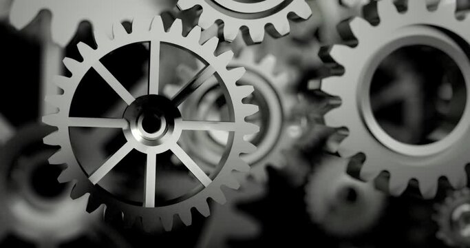 3D Rendering the rotation wheel gear, Spinning engine cog, for industrial and teamwork metaphor concept, with a depth of field effect, dark and grain processed