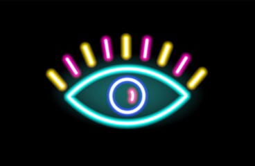 Neon sign of eye glowing on black background. Fluorescent retro signboard. Decorative illuminated element. Bright shiny signage. Colorful vector illustration