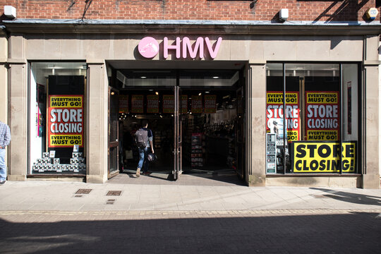 Entrance to HMV Music Store showing sign, signage, logo, branding andentrance to shop