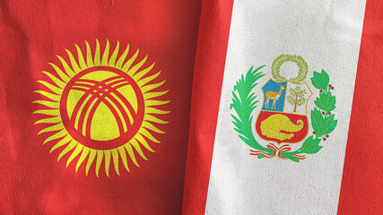 Peru and Kyrgyzstan two flags textile cloth 3D rendering