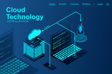 Concept of cloud storage, data transfer with laptop and smartphone. Server room, big data center isometric, vector illustration