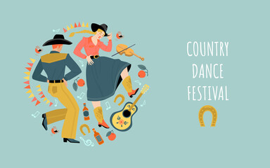 Vector banner for the country dance festival with a funny couple, musical instruments, beer and decorations