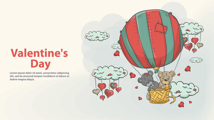 Greeting card for Valentines day design design in the style of childrens Doodle toy Teddy bears fly in a balloon among the clouds
