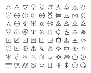 Line art icon set of esoteric glyphs, pictograms and symbols. Mystic and alchemy signs linear style - obrazy, fototapety, plakaty