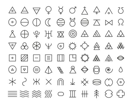 Line art icon set of esoteric glyphs, pictograms and symbols. Mystic and alchemy signs linear style