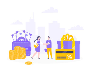 Get loyalty card and customer service business concept flat design vector illustration. Earn loyalty program points and get online reward and gifts. Tiny people with big card and money.