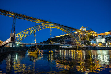 Luis I Bridge during evening twilight in Porto, Portugal.
