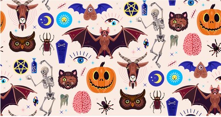Occultism Set. Seamless Pattern With Magic Characters. Goat, Pumpkin, Cat, Skeleton, Beetle, Owl, Spider, and Other Symbols. Vector Illustration For Kids.