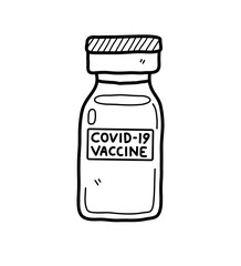 Covid-19 vaccine doodle, a hand drawn vector doodle illustration of a bottle of coronavirus vaccine isolated on white background.