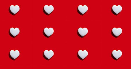 Heart pattern. Red seamless background. Valentine Day. Romantic congratulation. White love symbol ornament creative festive arrangement isolated on bright.