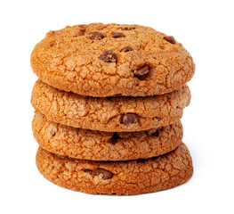 Stacked chocolate chip cookies isolated on white background