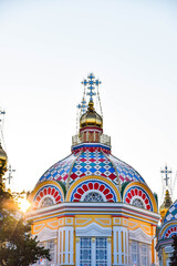 Fototapeta na wymiar Details of the beautiful Zenkov's Cathedral or Ascension Cathedral, is a Russian Orthodox cathedral located in Panfilov Park in Almaty, Kazakhstan. The cathedral is made out of wood but without nails