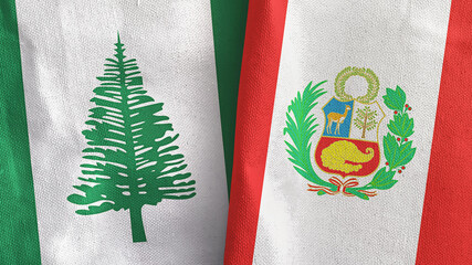 Peru and Norfolk Island two flags textile cloth 3D rendering