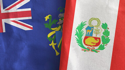 Peru and Pitcairn Islands two flags textile cloth 3D rendering