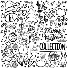 Sketch vector large set of Christmas design element in the style of doodle, a set of objects and symbols on the theme of Merry Christmas and new year 2021.
