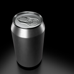 Silver aluminum beer or soda can isolated on black background. View from the top