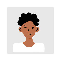 Avatar young dark skinned man. Cheerful smiling naive emotion. Human face portrait social media user icon. Square character design. Stock vector flat modern cartoon illustration isolated on white.