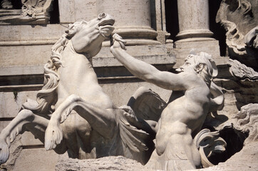 Close up of Sculpture of Trevi Fountain in Rome, Italy.