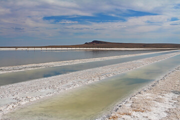 Beautiful view of salt lake Baskunchak in Astrakhan region