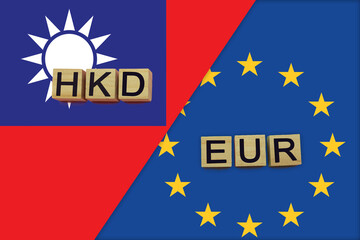 Taiwan and Europe currencies codes on national flags background