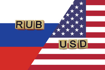 Russia and USA currencies codes on national flags background