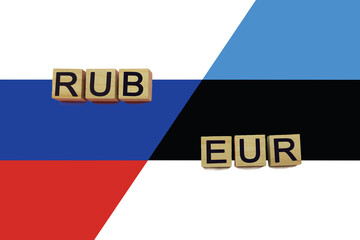 Russia and Estonia currencies codes on national flags background