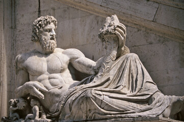 View of River Tiber god statue at  Palazzo Senatorio in Rome, Italy