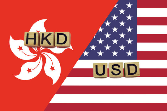 Hong Kong and USA currencies codes on national flags background