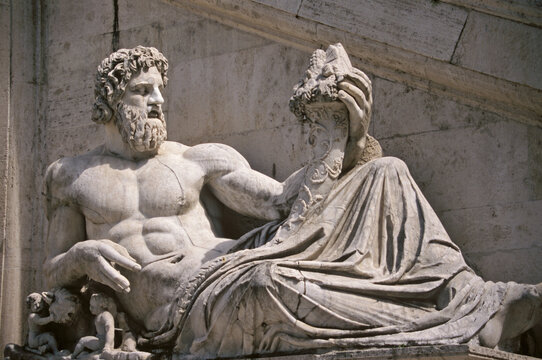 View of River Tiber god statue at  Palazzo Senatorio in Rome, Italy