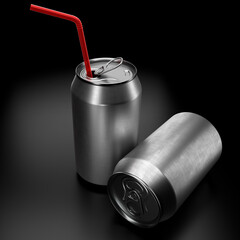 Silver aluminum beer or soda cans with red straw isolated on black background