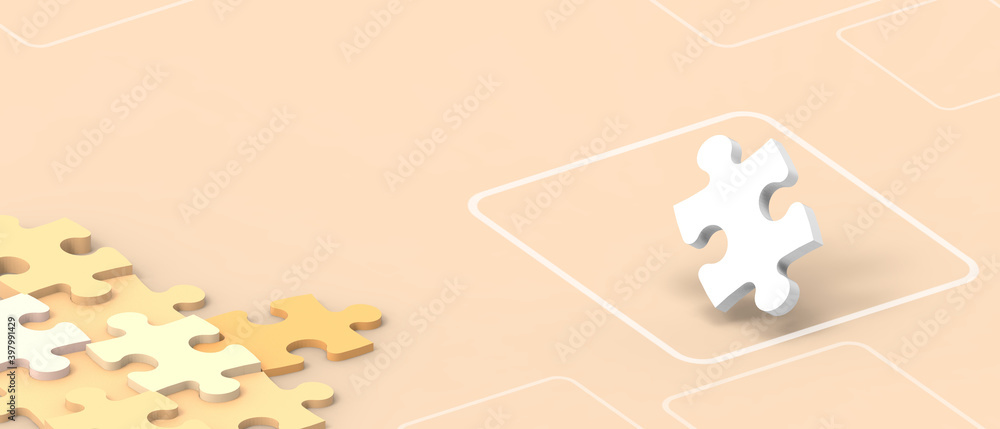 Poster close up jigsaw puzzle ideas creativity banner and business concept on yellow background. business s