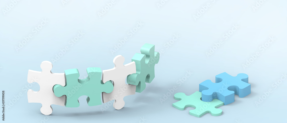 Poster close up jigsaw puzzle ideas teamwork protect creativity banner and business concept on green backgr