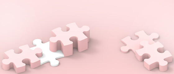 Close up Jigsaw Puzzle ideas teamwork Care Creativity banner and business Concept on Red Background. Business strategy teamwork and problem solving concept.  - 3d rendering
