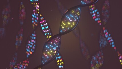 Colorful glowing DNA structure. Genetic engineering concept. 3D render