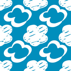 Seamless drawn cloud pattern. Brush painted clouds on a blue background