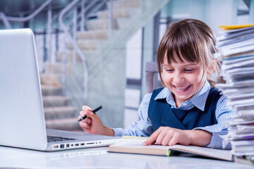 Humorous portrait of excited beautiful young business girl feels euphoric and happiness to get a...