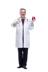 doctor in protective gloves pointing to the liquid in the flask.