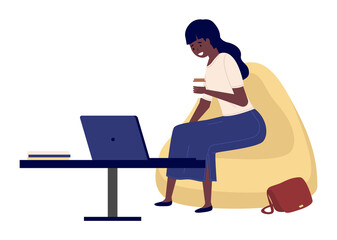 Beautiful business woman working on laptop vector illustration. Girl is sitting in a bag chair and drinking coffee. Female character isolated on white background. Freelancer works from home