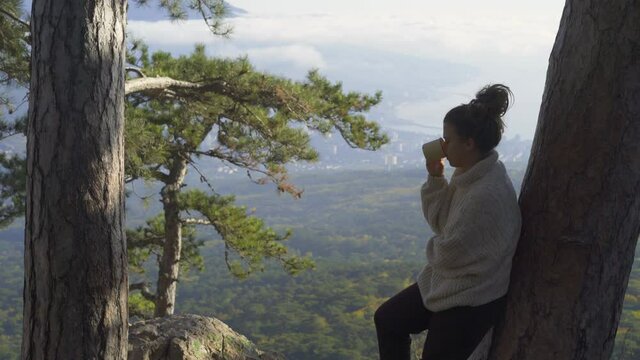 Young woman with bun on head wearing white loose sweater drinks coffee leaning on old pine tree trunk in shadow on cliff above tranquil green valley