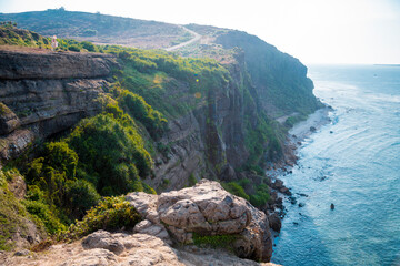 Beautiful mountain and blue beach. view from Thoi Loi mountain at Ly Son Island, Quang Ngai Province, Vietnam