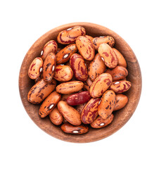 Beans in wooden bowl, isolated on white background. Top view.